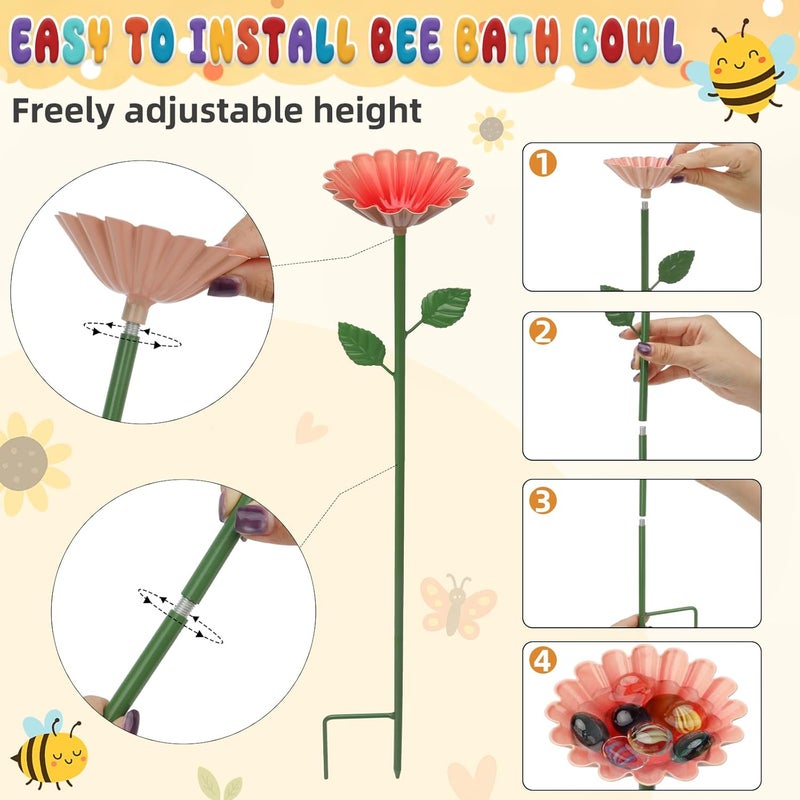HEYTIMI 6 Pack Bee Watering Station, Bee Feeder for Garden Metal Butterfly Water Feeder Colorful Flower Design Bath Bowl with Glass Beads for Pollinators Outdoor Garden Yard & Patio Decor - Image 4